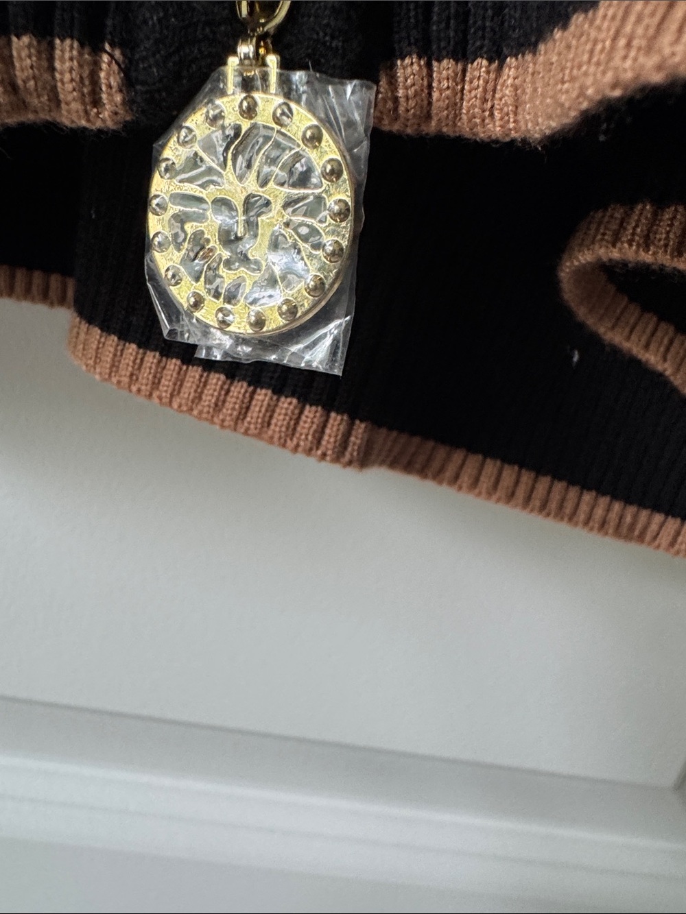Anne Klein Black and Tan Geometric Zip-Front Turtleneck Sweater - Picture 5 of 9